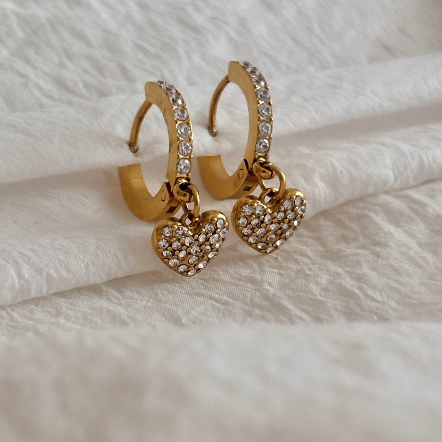 Crystal heart huggie earrings - 18k gold plated