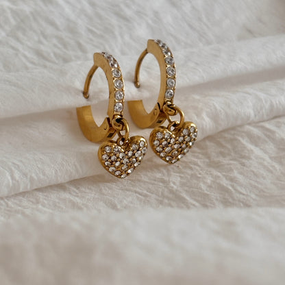 Crystal heart huggie earrings - 18k gold plated