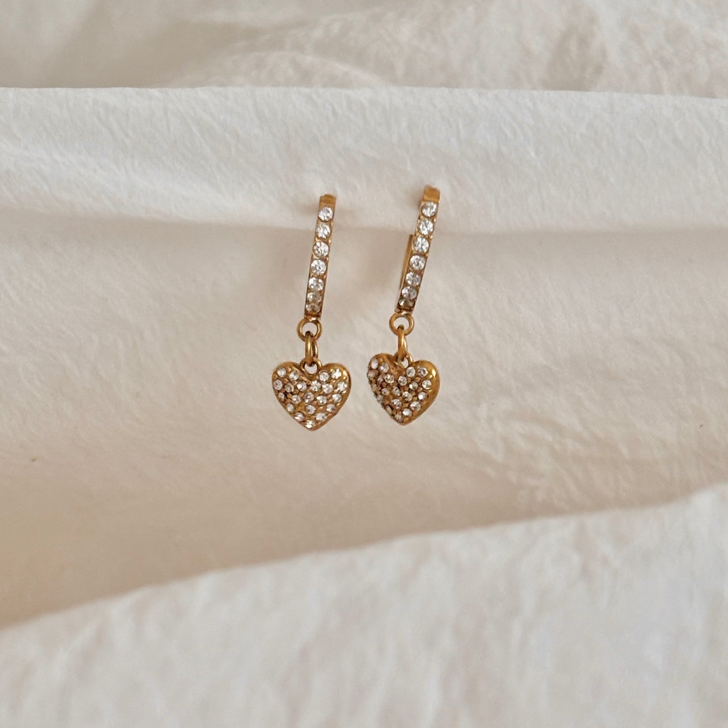 Crystal heart huggie earrings - 18k gold plated