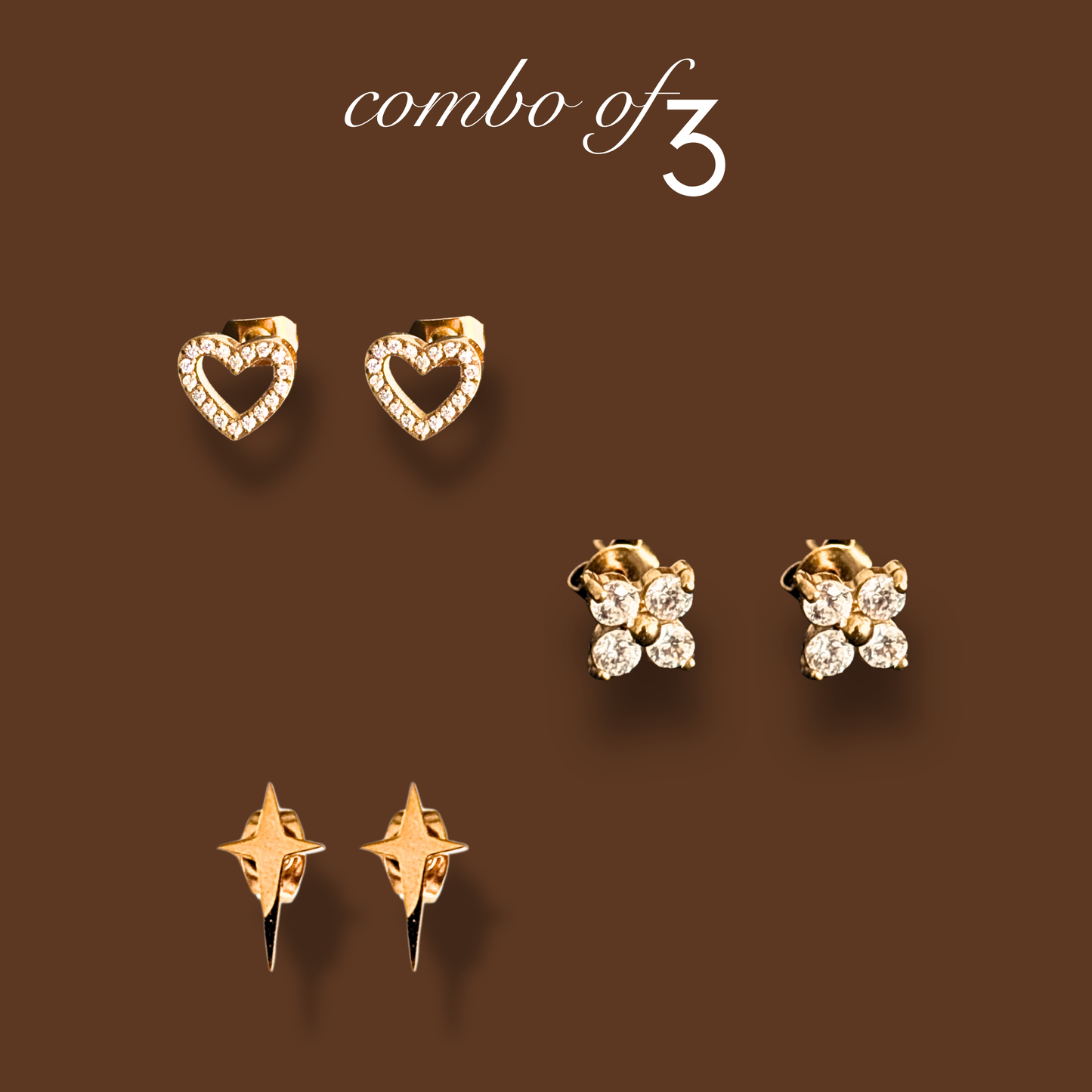 Studs combo of 3 - 18k gold plated