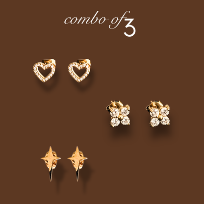 Studs combo of 3 - 18k gold plated